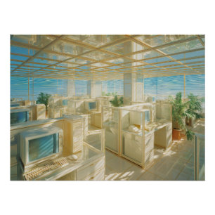 Póster Oficina dorada surrealista con computadoras vintag
