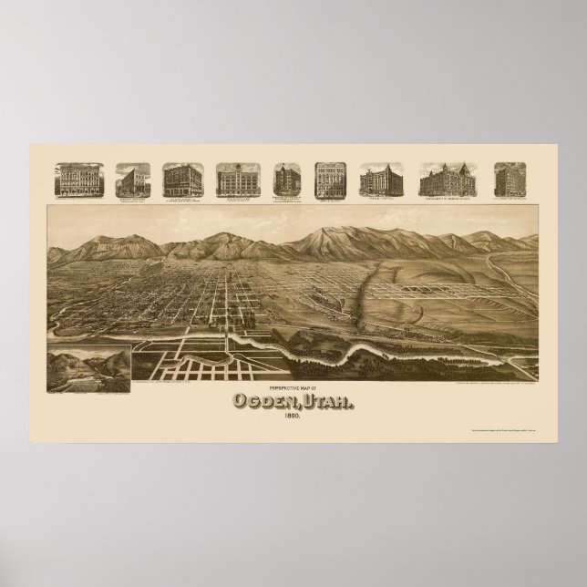 Póster Ogden, UT Mapa Panorámico - 1890 (Frente)