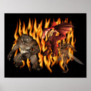 Póster Ogro y demonios asustadizos de Halloween en llamas