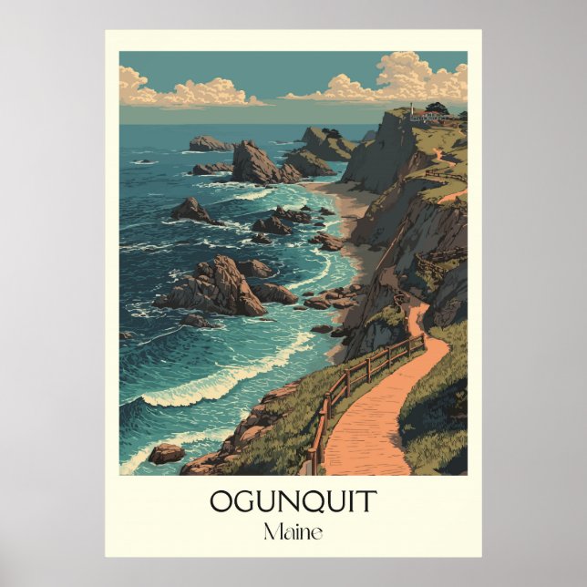 Póster Ogunquit Maine Vintage Coastal Cliff Walk Art (Frente)