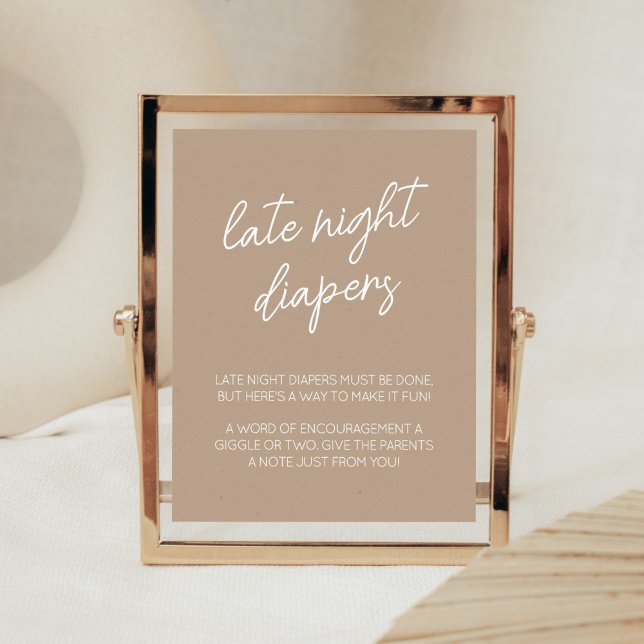 Póster Oh Baby Brown Minimalistas Diabetes nocturnos (Brown Minimalist Heart Baby Shower Late Night Diapers Sign)