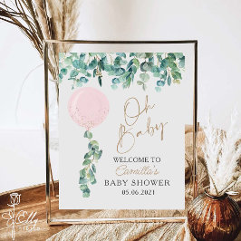Póster Oh Baby Eucalyptus Pink Balloon Baby Shower