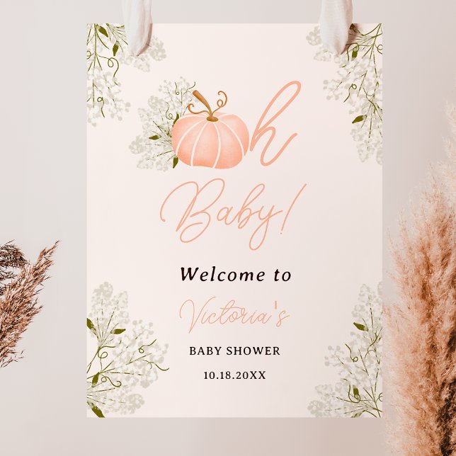 Póster Oh bebé calabaza rosa chica floral ducha bebé (Oh Baby pink pumpkin floral girl baby shower Poster)