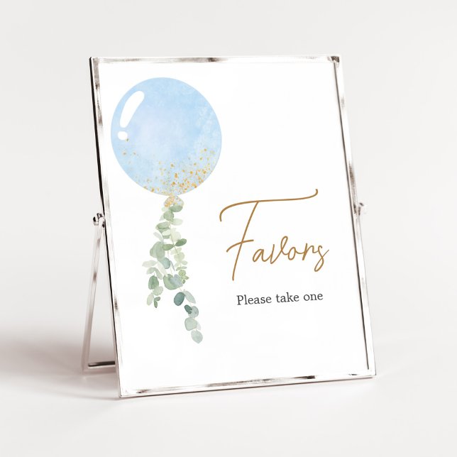 Póster Oh Boy Balloon Baby Shower Favores (Blue Balloon Eucalyptus Baby Shower Favors Sign)