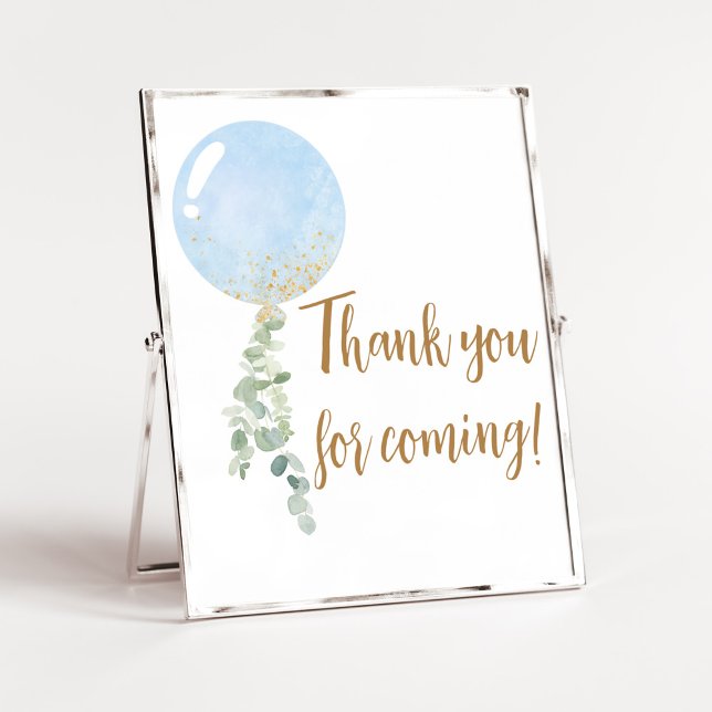 Póster Oh Boy Balloon Baby Shower Gracias por venir (Blue Balloon Eucalyptus Baby Shower Thank you for Coming Sign)