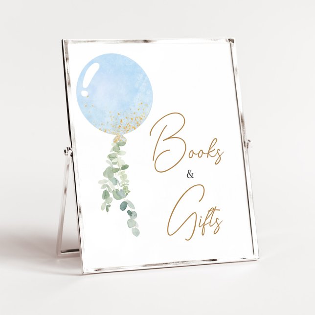 Póster Oh Boy Balloon Baby Shower Libros y regalos (Blue Balloon Eucalyptus Baby Shower Books and Gifts Sign)
