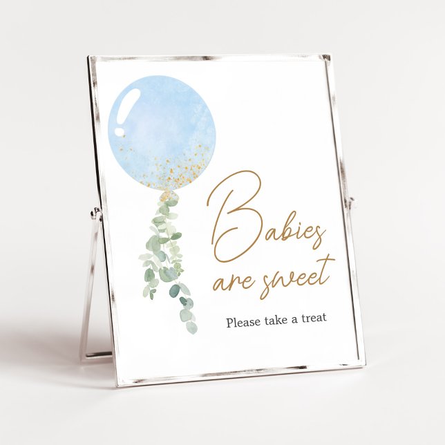 Póster Oh Boy Balloon Baby Shower Los bebés son dulces (Blue Balloon Eucalyptus Baby Shower Babies are Sweet Sign)