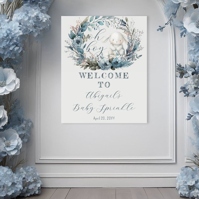 Póster Oh Boy Bunny Rabbit Blue Floral Baby Sprinkle (Bunny Rabbit and Blue Floral Wreath Boy Baby Sprinkle Poster - "Oh Boy" Bunny Collection)