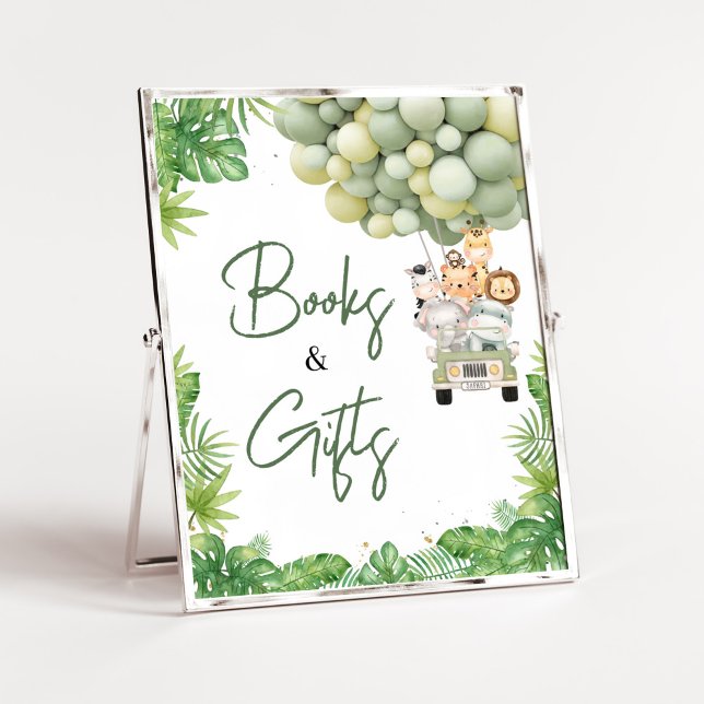 Póster Oh Boy Jungle Safari Baby Shower Libros y regalos (Safari Truck Balloons Baby Shower Books and Gifts Sign)