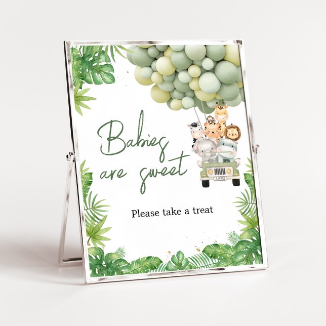 Póster Oh Boy Jungle Safari Baby Shower Los bebés son dul (Safari Truck Balloons Baby Shower Babies are Sweet Sign)
