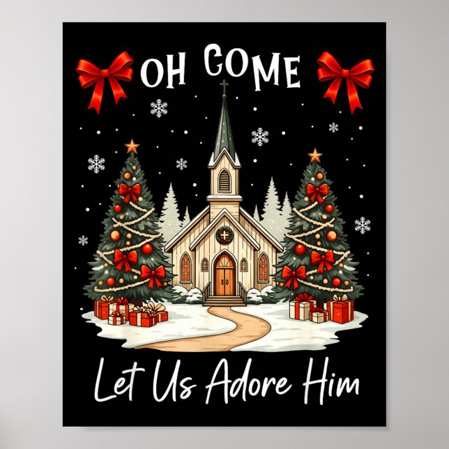 Póster Oh Come Let Us Adore Him Jesus Christmas Xmas Tree (Frente)