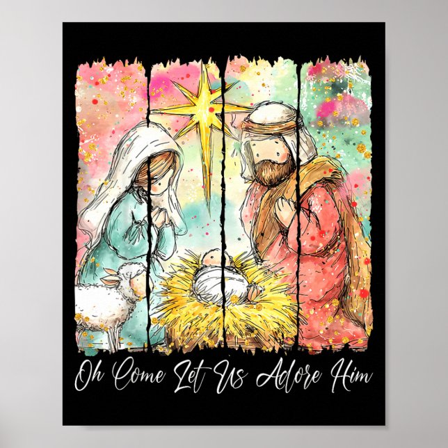 Póster Oh Come Let Us Adore Him Nativity Scene Christian  (Frente)