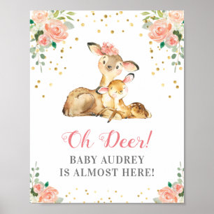 Póster Oh Deer Woodland Baby Shower Peach Floral