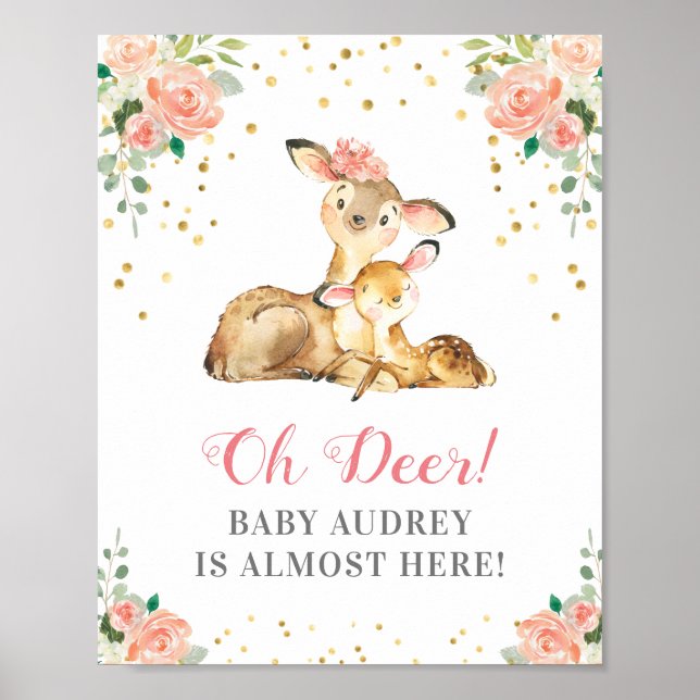 Póster Oh Deer Woodland Baby Shower Peach Floral (Frente)