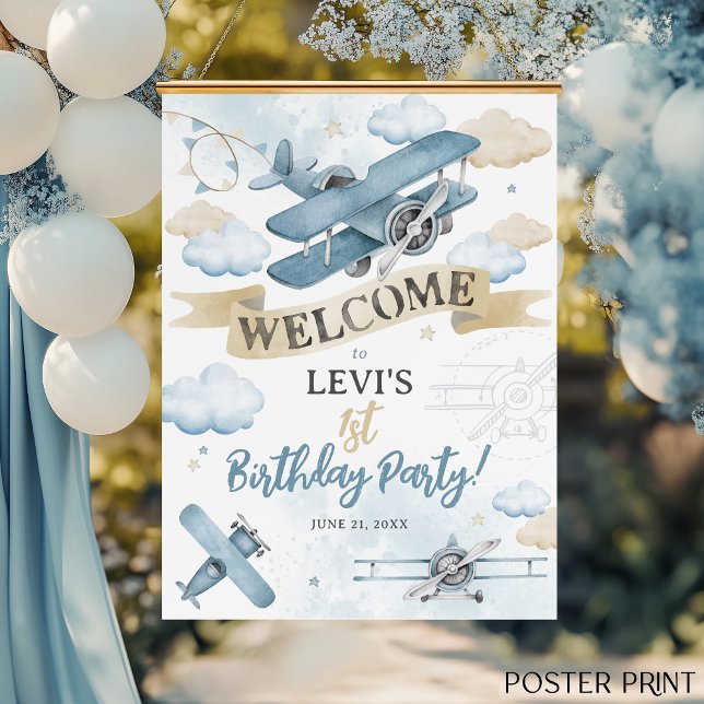 Póster Oh How Time Flies Airplane Birthday Party Welcome (How Time Flies neutral watercolor blue plane airplane cute boy birthday party welcome sign poster)