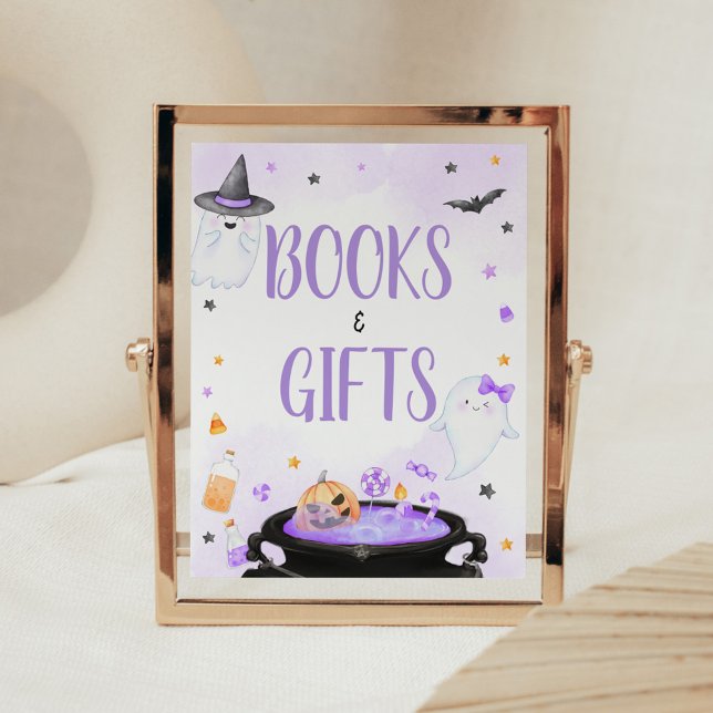 Póster Oh Libros y regalos de chapa de Halloween (Purple Oh Sheet Boo-y Ghoul Baby Shower Books and Gifts Sign)