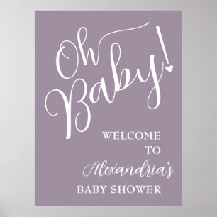 Póster ¡Oh, nena! Calligraphy Baby Shower Purple Welcome