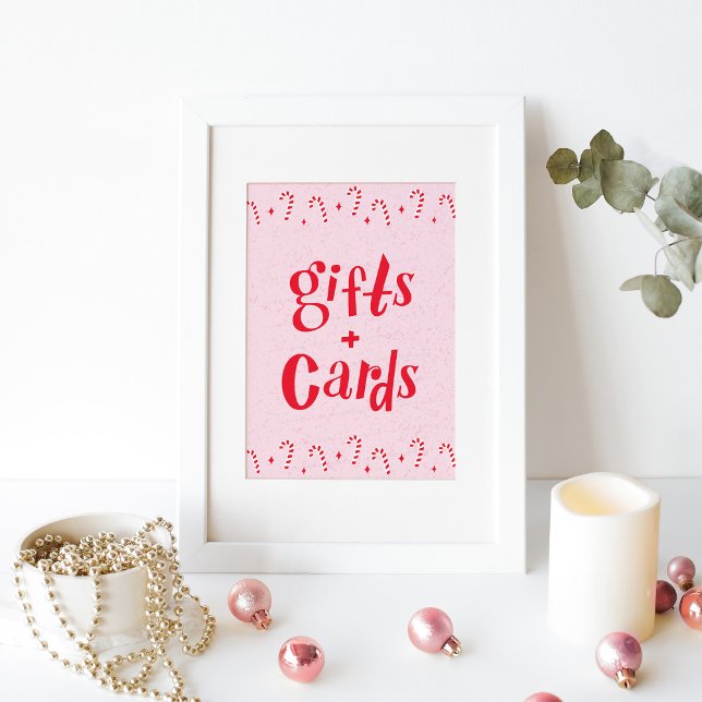Póster Oh qué divertido firma de regalos y tarjetas de Ca (gifts and cards sign with candy canes on pink background. Shown in a white frame
)