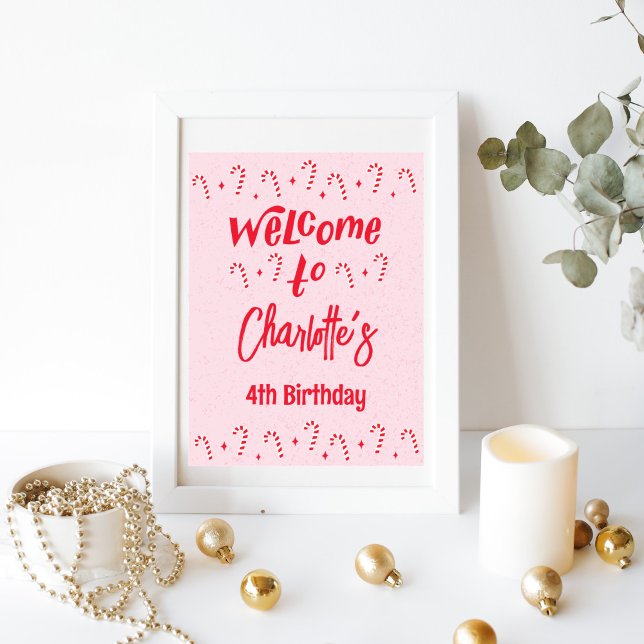 Póster Oh Qué Navidades divertidos Bienvenida de cumpleañ (candy cane winter birthday welcome sign
)