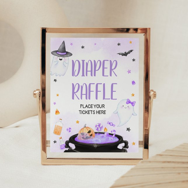 Póster Oh Sheet Boo-y Halloween Baby Shower Diaper Raffle (Purple Oh Sheet Boo-y Ghoul Baby Shower Diaper Raffle Sign)