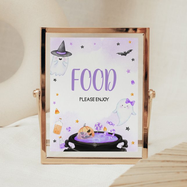 Póster Oh Sheet Boo-y Halloween Baby Shower Food (Purple Oh Sheet Boo-y Ghoul Baby Shower Food Sign)