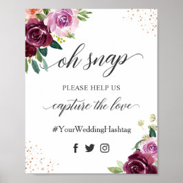 Póster Oh Snap Hashtag Ciruela Signo de Boda Floral Púrpu