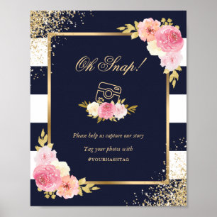 Póster Oh Snap Instagram Navy Rótulo Boda Floral Rosa