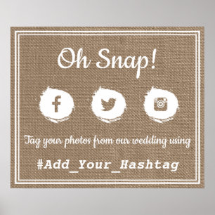 Póster ¡Oh Snap! Rótulo de Boda de hashtag en medios soci