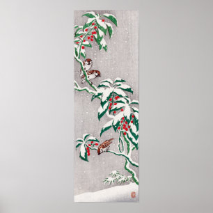 Póster Ohara Koson Sparrows en matorral nevado