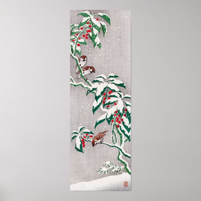 Póster Ohara Koson Sparrows en matorral nevado (Frente)