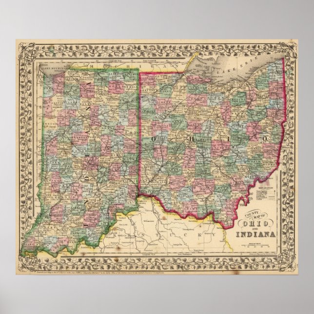 Póster Ohio, Indiana Map by Mitchell (Frente)