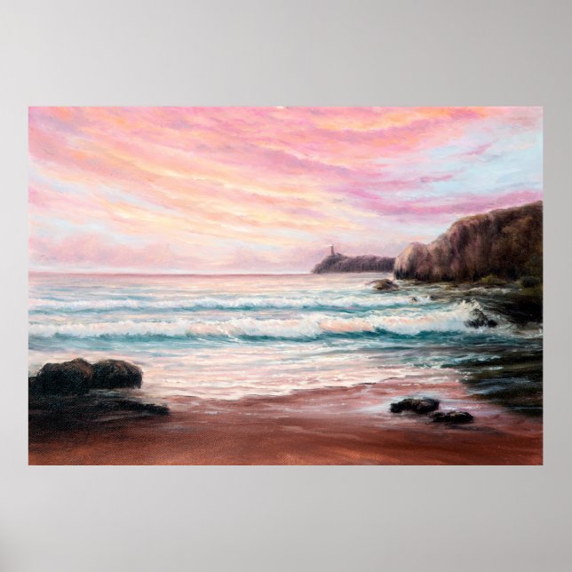 Póster  oil painting of beautiful purple sunset over ocea (Frente)