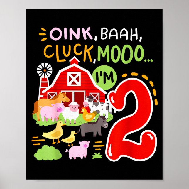 Póster Oink Baa Moo I'm 2 Farm Animals 2nd Birthday Two Y (Frente)