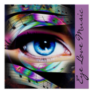 Póster Ojo azul con las notas de la música
