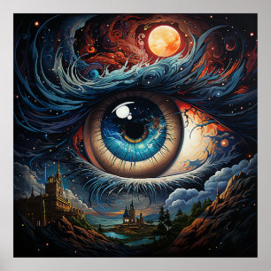 Póster Ojo cósmico con un castillo y un sol rojo