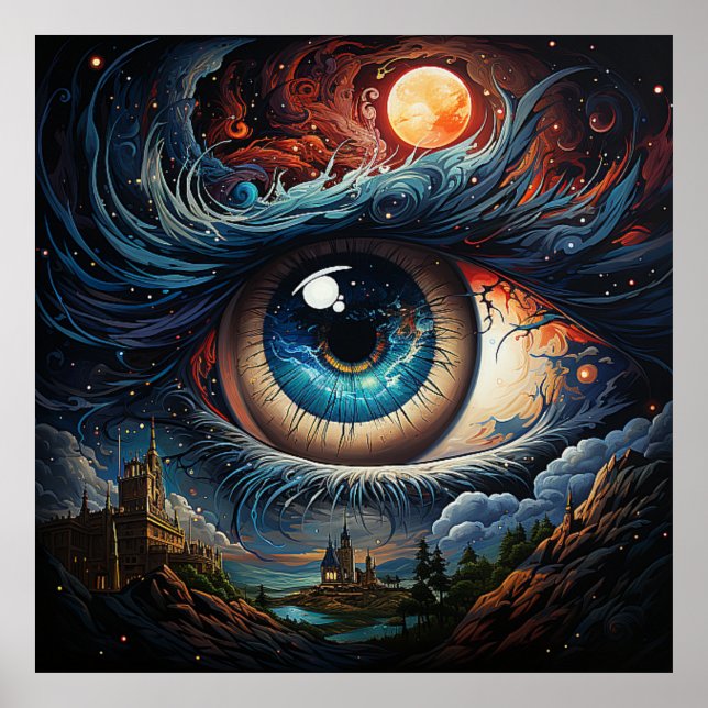 Póster Ojo cósmico con un castillo y un sol rojo (Frente)