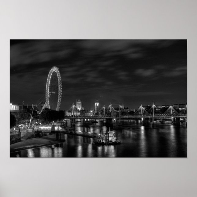 Póster Ojo de Londres de noche en blanco y negro (Frente)
