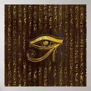 Póster Ojo egipcio dorado de Horus y jeroglíficos