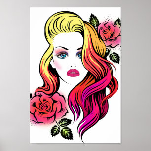 Póster Ojos azules rubios rubios con rosas y pelo arco ir