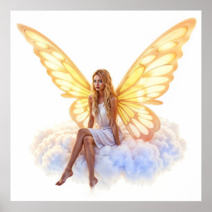 Póster Ojos mágicos y azules hermosos alas doradas brilla