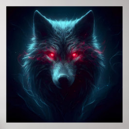 Póster Ojos rojos luminosos de lobo negro y piel brillant