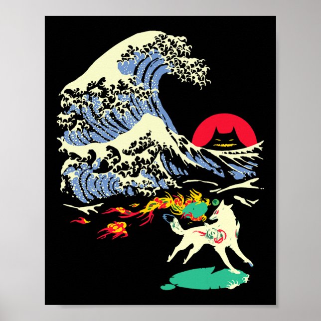 Póster Okami Amaterasu Sun God Wolf The Great Wave Video (Frente)