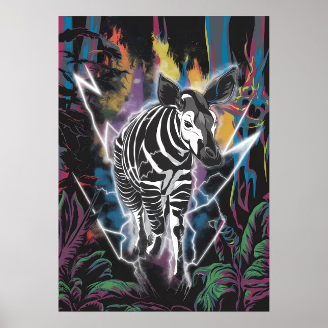 Póster Okapi de selva eléctrica con neón Lightning (Frente)
