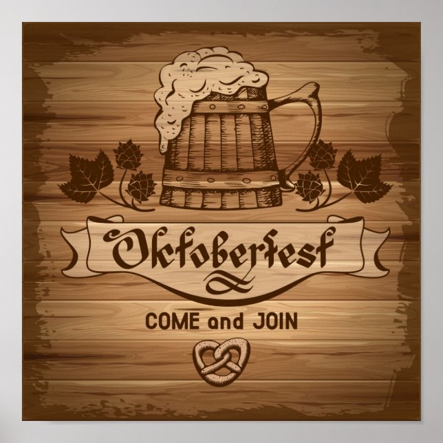Póster Oktoberfest, afiche vintage con madera (Frente)
