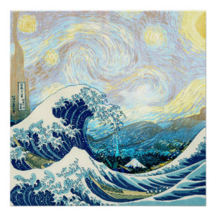 PÓSTER OLA DE KANAGAWA EN EL FONDO NOCTURNO ESTRELLADO