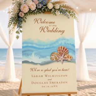Póster Ola de océano azul romántico y bienvenida de conch