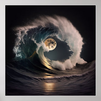 Póster Ola de tsunami a la luz de la luna.