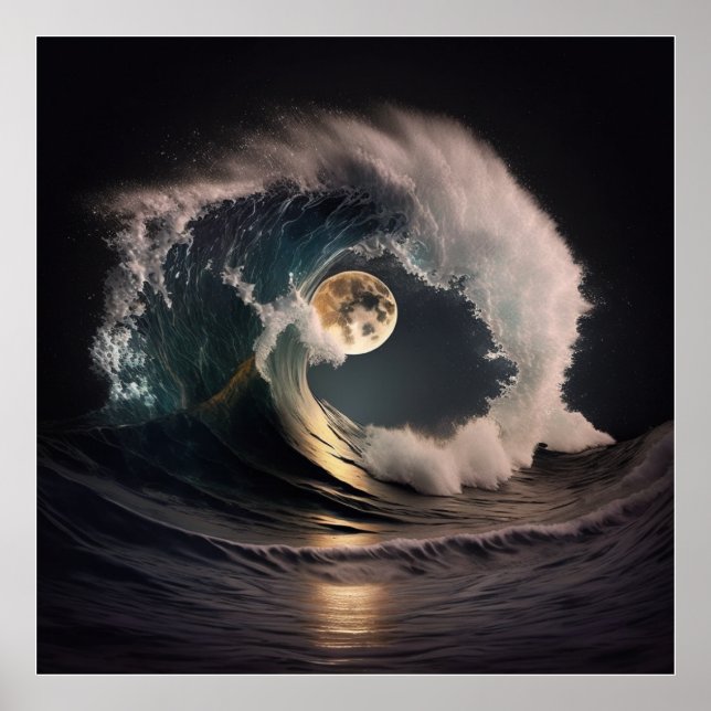 Póster Ola de tsunami a la luz de la luna. (Frente)