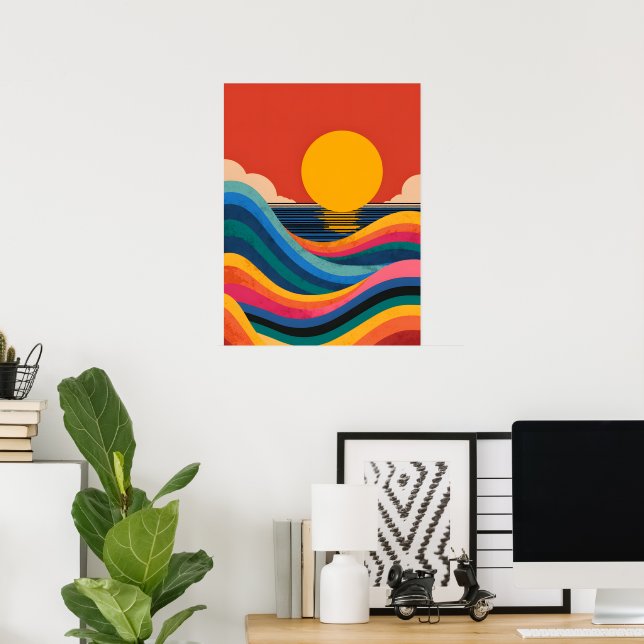 Póster Olas abstractas de océano en puesta de sol retro a (Oficina en casa)