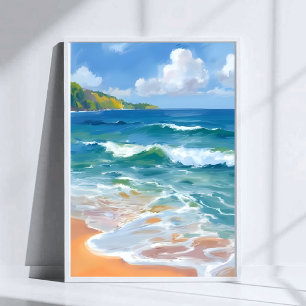 Póster Olas Azules Costeras Océano Pintura Acuarela